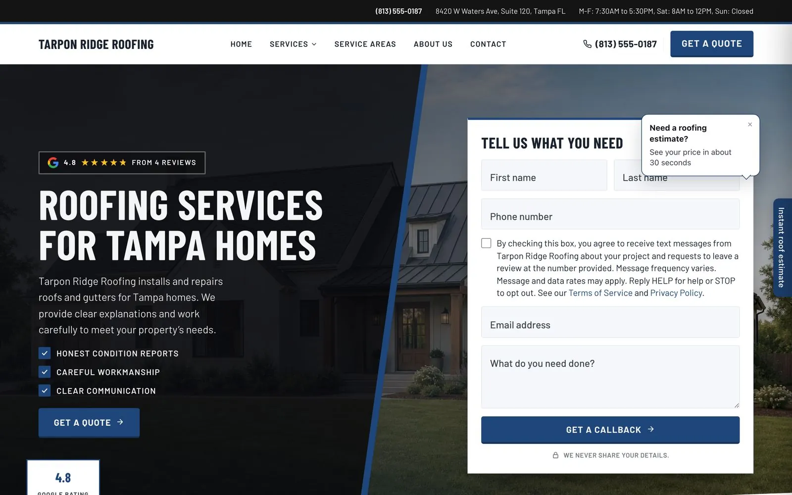 The Tarpon Ridge Roofing showcase site, with the instant estimate tool on it